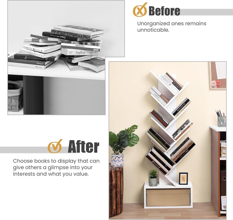ABOUT SPACE Book Shelf for Home Library - 9-Tier Tree Shaped Book Rack for Study Room DIY Wooden Book Stand with Bottom Storage Space for Office, Livingroom, Bedroom (White - L 45 x B 17 x H 127 cm) - Image 4