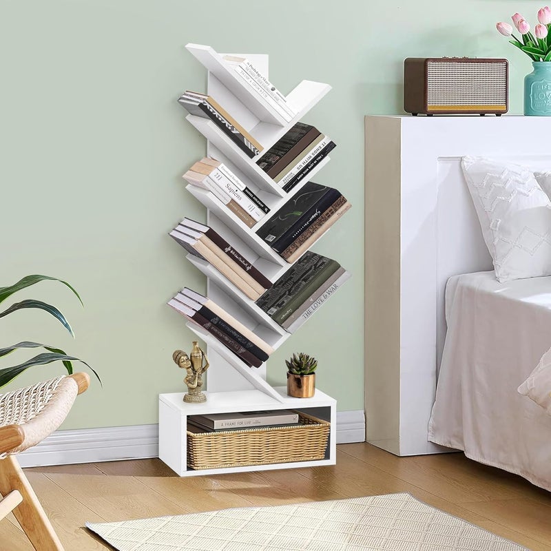 ABOUT SPACE Book Shelf for Home Library - 9-Tier Tree Shaped Book Rack for Study Room DIY Wooden Book Stand with Bottom Storage Space for Office, Livingroom, Bedroom (White - L 45 x B 17 x H 127 cm) - Image 3