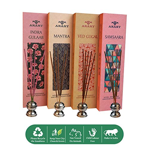 Anant Natural Hand Rolled Premium Fragrance Incense Sticks | Pack of 4 | Ved Gugal | Indra Gulab | Mantra | Samsaara | Spiritual Agarbattis - 40 Sticks/Box - Image 1