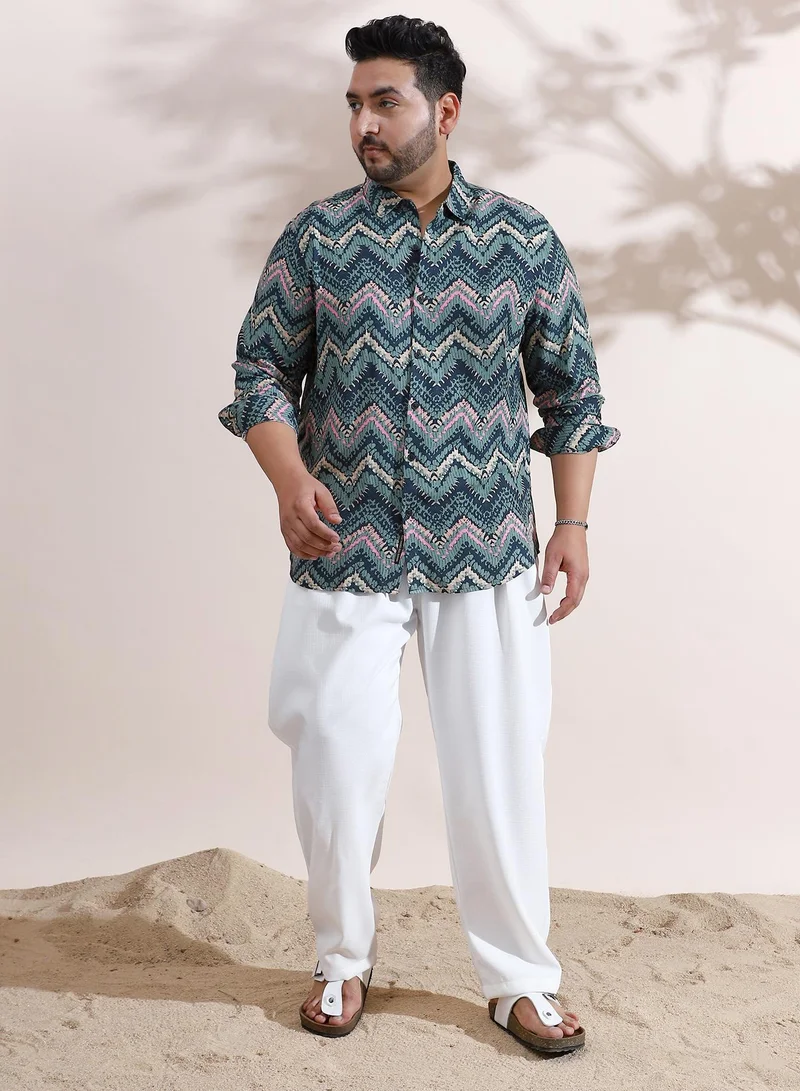 Instafab Plus Instafab Plus Men's Olive Green EcoLiva Abstract Zig Zag Shirt For Casual Wear | Spread Collar | Long Regular Sleeves | Button Closure | Plus Size Shirt Crafted With Comfort Fit For Everyday Wear