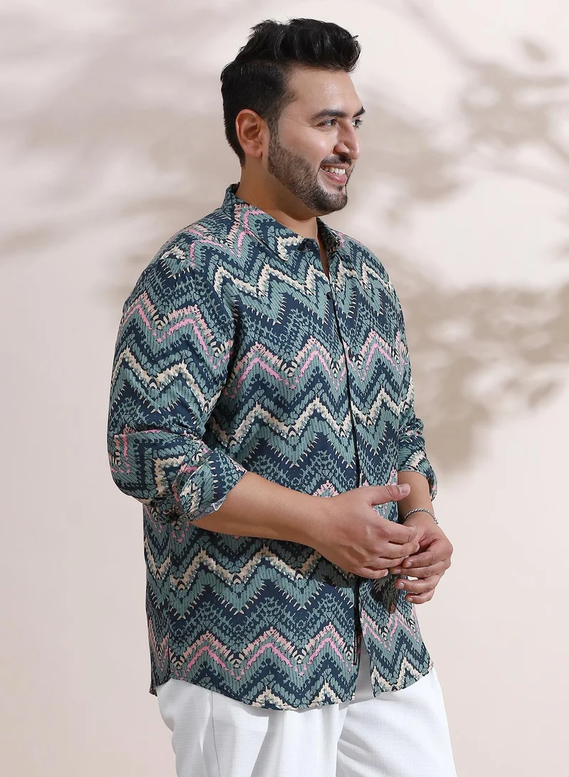 Instafab Plus Instafab Plus Men's Olive Green EcoLiva Abstract Zig Zag Shirt For Casual Wear | Spread Collar | Long Regular Sleeves | Button Closure | Plus Size Shirt Crafted With Comfort Fit For Everyday Wear