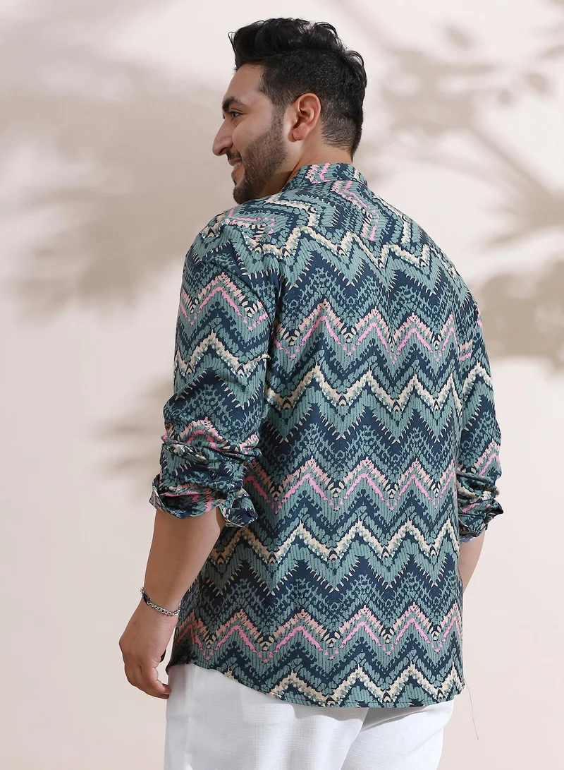 Instafab Plus Instafab Plus Men's Olive Green EcoLiva Abstract Zig Zag Shirt For Casual Wear | Spread Collar | Long Regular Sleeves | Button Closure | Plus Size Shirt Crafted With Comfort Fit For Everyday Wear