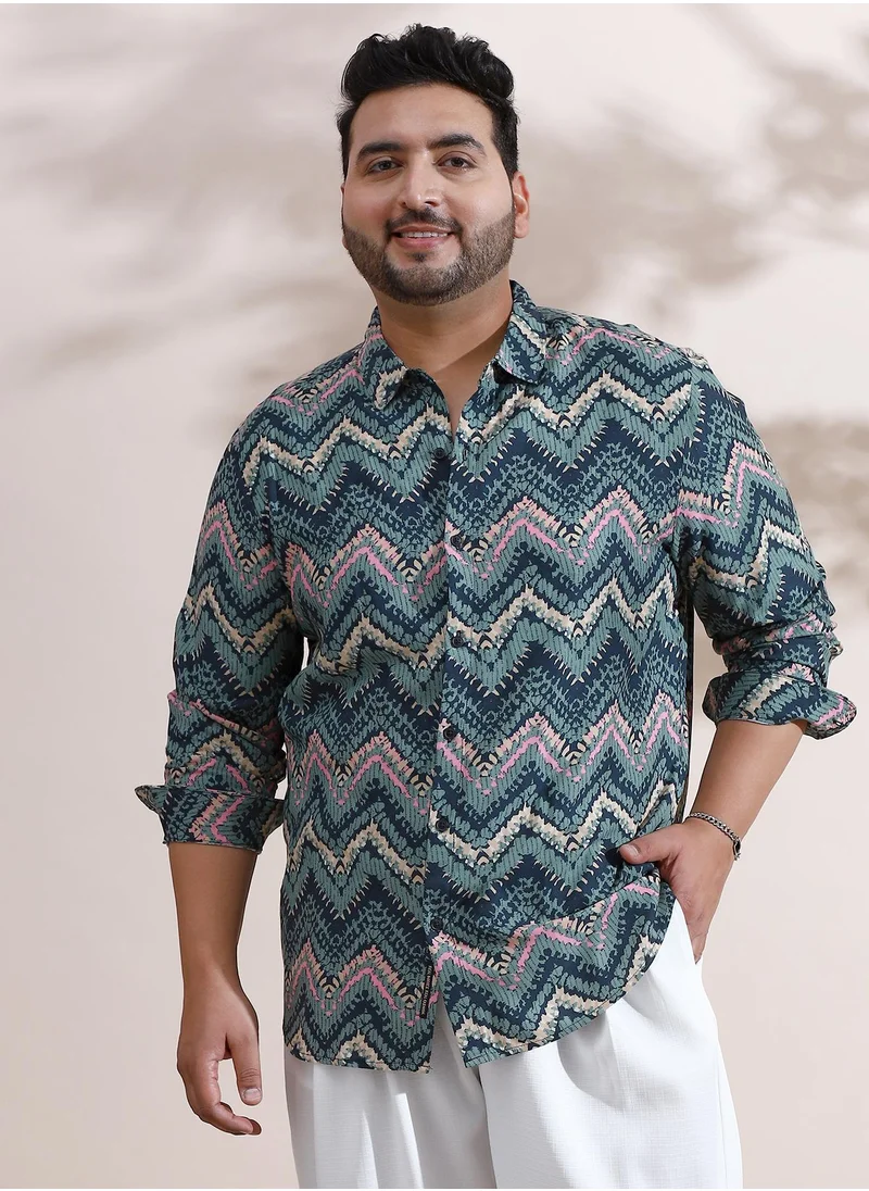 Instafab Plus Instafab Plus Men's Olive Green EcoLiva Abstract Zig Zag Shirt For Casual Wear | Spread Collar | Long Regular Sleeves | Button Closure | Plus Size Shirt Crafted With Comfort Fit For Everyday Wear