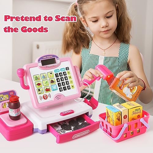BAODLON Play Calculator Cash Register Toy Gift for Kids Girls Age 3, 4, 5, 6, 7, 8+ Year Old, 57 Pcs Pink Pretend Grocery Store Playset, Incl Microphone, Credit Card, Scanner, Fake Food, Play Money for Kids - Image 5