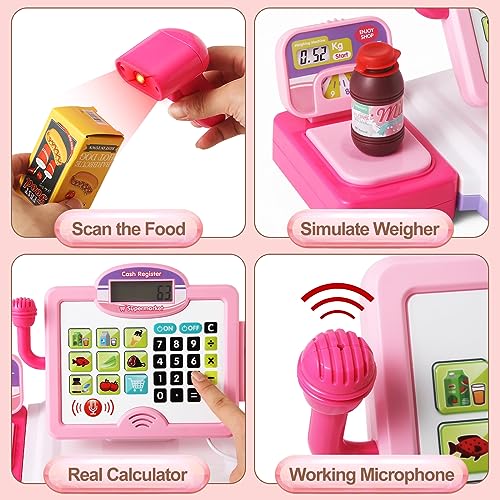 BAODLON Play Calculator Cash Register Toy Gift for Kids Girls Age 3, 4, 5, 6, 7, 8+ Year Old, 57 Pcs Pink Pretend Grocery Store Playset, Incl Microphone, Credit Card, Scanner, Fake Food, Play Money for Kids - Image 3