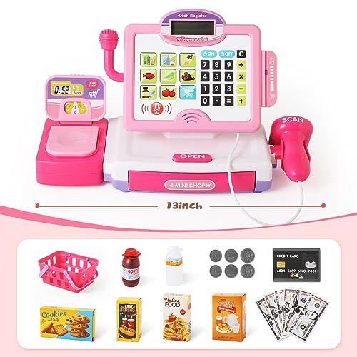 BAODLON Play Calculator Cash Register Toy Gift for Kids Girls Age 3, 4, 5, 6, 7, 8+ Year Old, 57 Pcs Pink Pretend Grocery Store Playset, Incl Microphone, Credit Card, Scanner, Fake Food, Play Money for Kids - Image 2