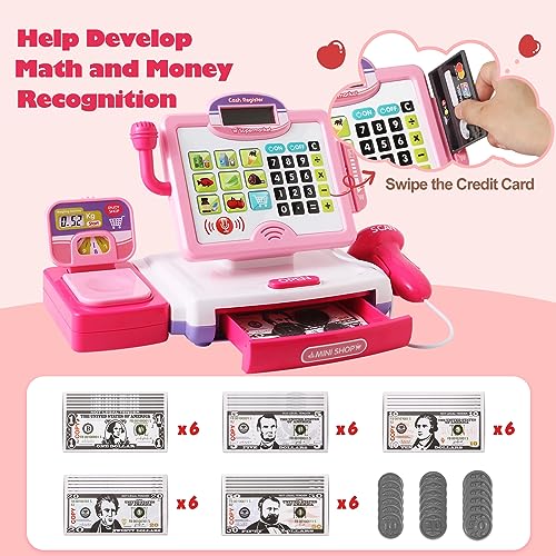 BAODLON Play Calculator Cash Register Toy Gift for Kids Girls Age 3, 4, 5, 6, 7, 8+ Year Old, 57 Pcs Pink Pretend Grocery Store Playset, Incl Microphone, Credit Card, Scanner, Fake Food, Play Money for Kids - Image 4