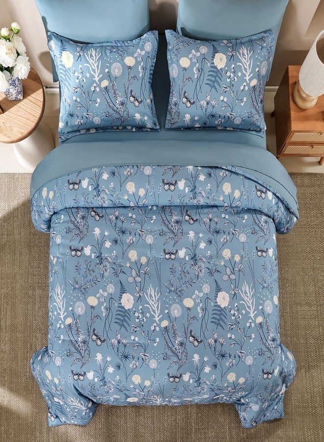 Yiran Blue Comforter Set King Size, 7 Piece Floral Comforter Bedding Set, Botanical Farmhouse Bed in a Bag, Soft Microfiber Complete Bedding Set with Sheets for All Season - Image 3