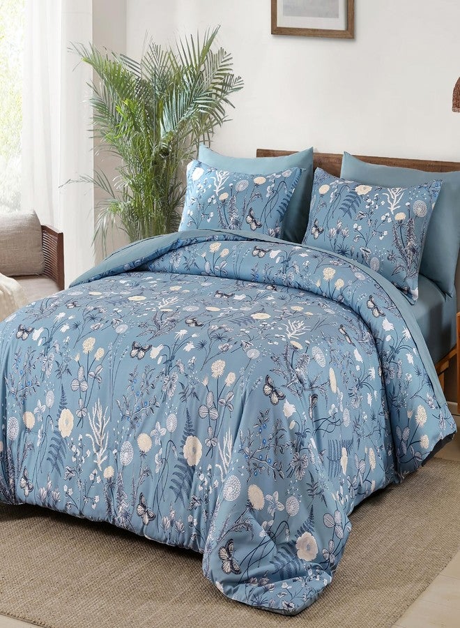 Yiran Blue Comforter Set King Size, 7 Piece Floral Comforter Bedding Set, Botanical Farmhouse Bed in a Bag, Soft Microfiber Complete Bedding Set with Sheets for All Season - Image 2