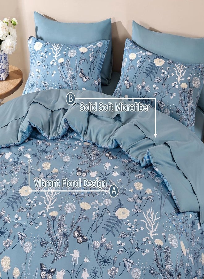 Yiran Blue Comforter Set King Size, 7 Piece Floral Comforter Bedding Set, Botanical Farmhouse Bed in a Bag, Soft Microfiber Complete Bedding Set with Sheets for All Season - Image 5