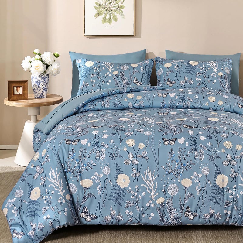 Yiran Blue Comforter Set King Size, 7 Piece Floral Comforter Bedding Set, Botanical Farmhouse Bed in a Bag, Soft Microfiber Complete Bedding Set with Sheets for All Season - Image 1