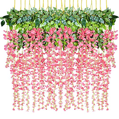 DearHouse 12 Pack 1 Piece 3.6 Feet Artificial Fake Wisteria Vine Ratta Hanging Garland Silk Flowers String Home Party Wedding Decor (Pink) - Image 1