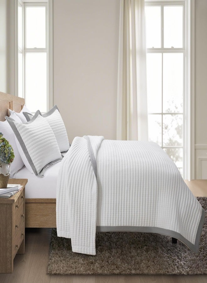 Bonlino White Quilt Set Queen Size - Farmhouse Soft Striped Stitch Bedding Bedspread Coverlet Summer Lightweight Quilt Bed Sets with 2 Pillow Shams for Home All Season with Grey Border - Image 2