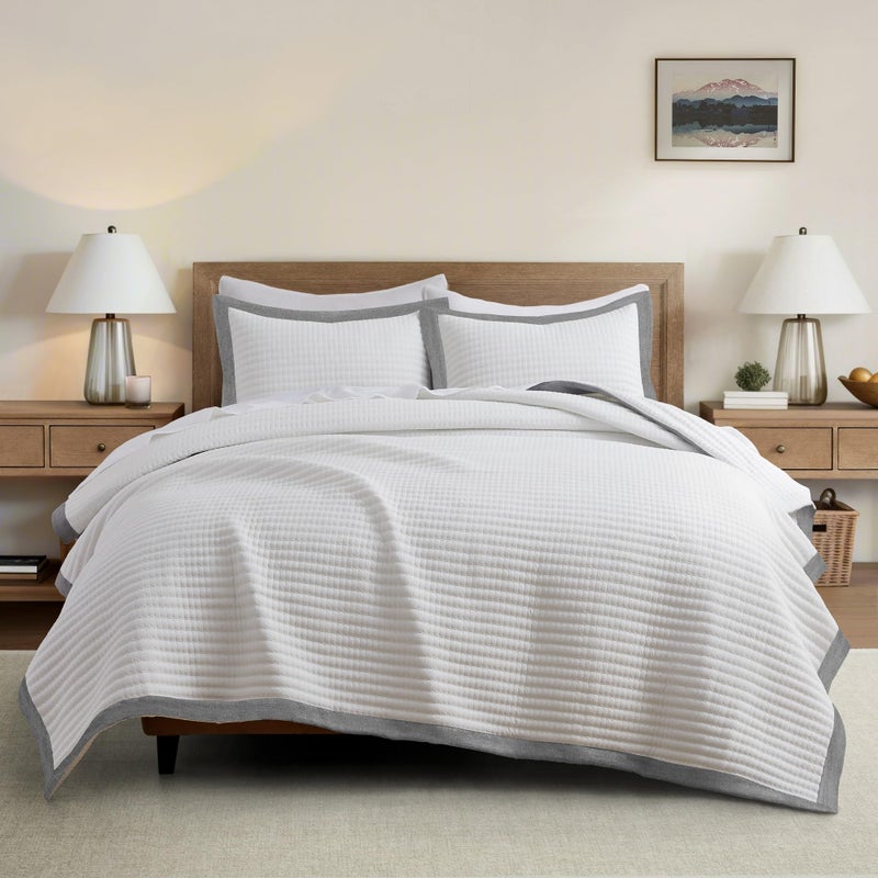 Bonlino White Quilt Set Queen Size - Farmhouse Soft Striped Stitch Bedding Bedspread Coverlet Summer Lightweight Quilt Bed Sets with 2 Pillow Shams for Home All Season with Grey Border - Image 1