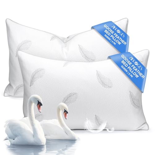zibroges Goose Feather Pillows Bed Pillow - Hotel Down Pillows Queen Size Set of 2, Fluffy Support Surround Fill Polyester for Back, Stomach, Side Sleepers - Image 1
