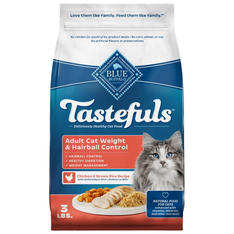 Blue Buffalo Tastefuls Weight & Hairball Control Natural Dry Food for Adult Cats, 3-lb. Resealable Bag - Image 1