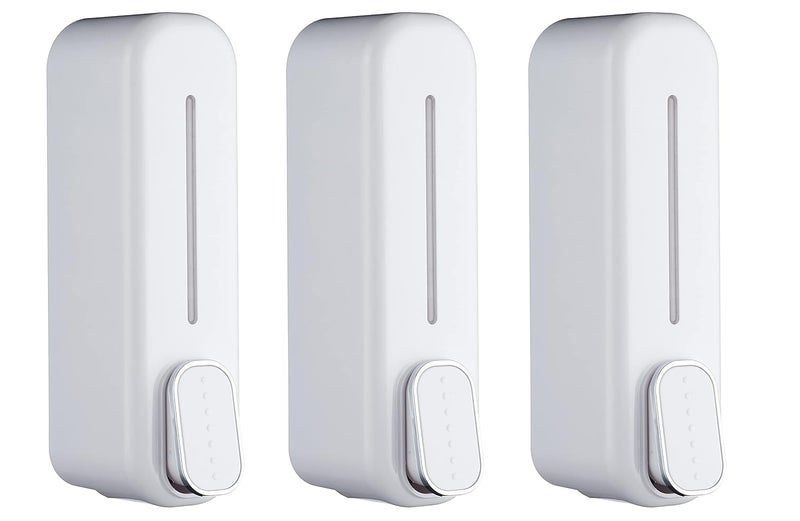 BATH GURU Multi Purpose ABS Wall Mounted Plastic Liquid Soap Dispenser/Shampoo Sanitizer Conditioner Lotion Gel Dispenser for Bathroom Kitchen 350 Ml (3, Slim White) - Image 1