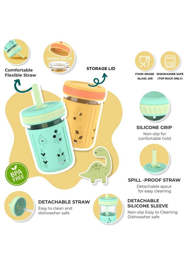 Tronco 8 oz Glass Sippy Cup for Toddlers, Kids Mason Jar Smoothie Cup with Silicone Sleeves & Spill Resistant Flexible Straw, Snack Cup, BPA-Free, Dishwasher Safe - Image 2