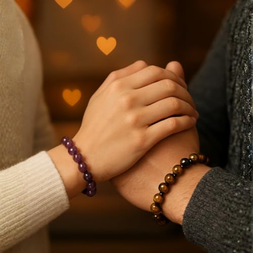 GEMSMANTRA Amethyst & Tiger Eye Couple Bracelet Set | Peace & Power Combo His & Her Natural Crystal Stone Bracelets | Matching Gift for Couples for Confidence, Calm & Balance - Image 3