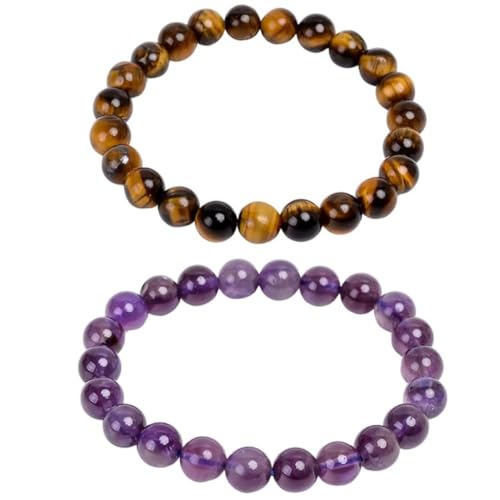 GEMSMANTRA Amethyst & Tiger Eye Couple Bracelet Set | Peace & Power Combo His & Her Natural Crystal Stone Bracelets | Matching Gift for Couples for Confidence, Calm & Balance - Image 1