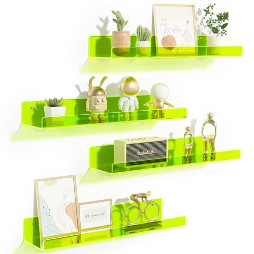 upsimples Acrylic Shelves for Wall Decor 15 Display Shelf for Figure Nail Polish Wall Organizer for Bathroom Bedroom Living Room Playroom Kids Bookshelf Clear Fluorescent Green 4 Pack