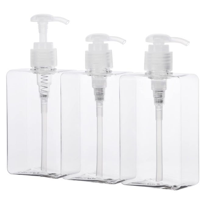 REFILLABLE SHAMPOO AND CONDITIONER BOTTLES 95OZ280ML CLEAR PLASTIC PUMP DISPENSERS FOR SHOWER SQUARE EMPTY BATHROOM BOTTLE FOR BODY WASH ESSENTIAL OIL SOAP LIQUID LOTION 3PACK