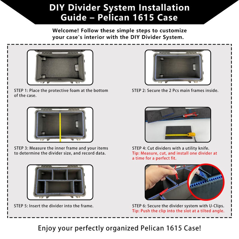 LAFENLIN Upgrade LAFENLIN DIY Divider System for Pelican 1615 Case, Customizable Organizer with U-Clips & Red Pull Tabs, Secure Foam Inserts for Tools, Camera, Medical, Tactical Gear (Case NOT Included) - Image 3