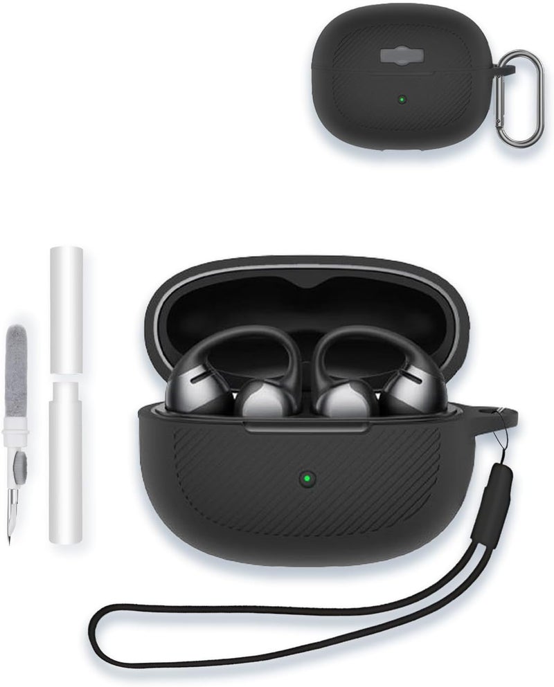 WUNIAK Case for SHOKZ OpenDots ONE - Open-Ear Headphones, Textured Anti-Slip Design Soft Silicone Protective Portable Scratch Shock Resistant Shell with Cleaner Kit & Carabiner & Lanyard ，Black - Image 1