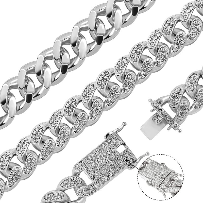 GIHENHAO 2pcs Cuban Link Chain for Men,Silver Necklace and Bracelet,Miami Cuban Chains,Bling Diamond Chain for Hip Hop Jewelry - Image 2
