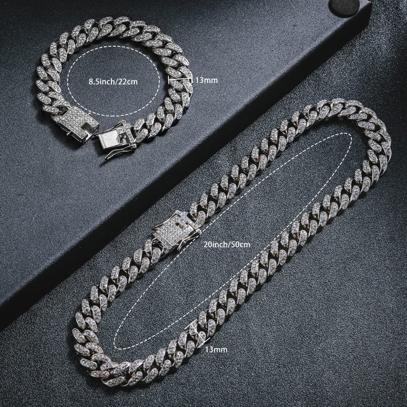 GIHENHAO 2pcs Cuban Link Chain for Men,Silver Necklace and Bracelet,Miami Cuban Chains,Bling Diamond Chain for Hip Hop Jewelry - Image 3
