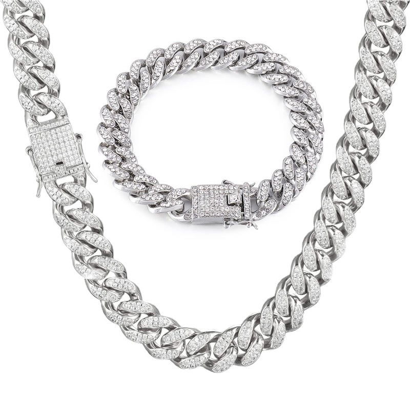 GIHENHAO 2pcs Cuban Link Chain for Men,Silver Necklace and Bracelet,Miami Cuban Chains,Bling Diamond Chain for Hip Hop Jewelry - Image 1