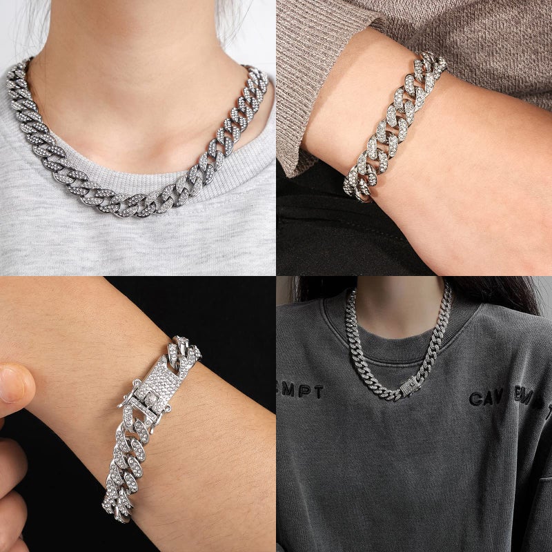 GIHENHAO 2pcs Cuban Link Chain for Men,Silver Necklace and Bracelet,Miami Cuban Chains,Bling Diamond Chain for Hip Hop Jewelry - Image 5
