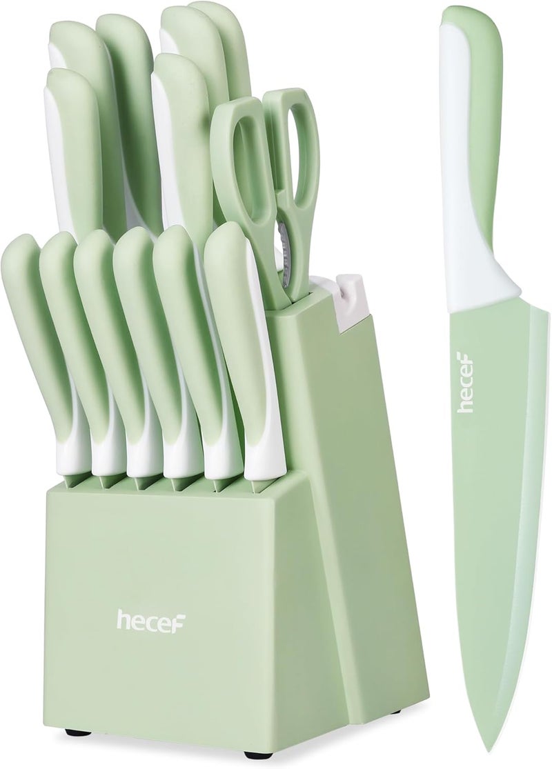 hecef 15 Pieces Kitchen Knife Set with Built-in Sharpening Wooden Block, Dishwasher Safe, High Carbon Stainless Steel Knife Block Set with Steak Knives, Kitchen Scissors, Green - Image 1