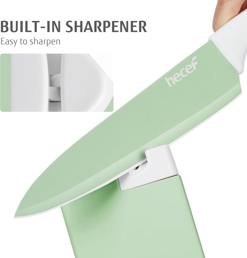 hecef 15 Pieces Kitchen Knife Set with Built-in Sharpening Wooden Block, Dishwasher Safe, High Carbon Stainless Steel Knife Block Set with Steak Knives, Kitchen Scissors, Green - Image 3