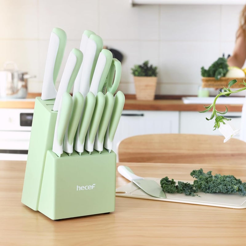 hecef 15 Pieces Kitchen Knife Set with Built-in Sharpening Wooden Block, Dishwasher Safe, High Carbon Stainless Steel Knife Block Set with Steak Knives, Kitchen Scissors, Green - Image 5