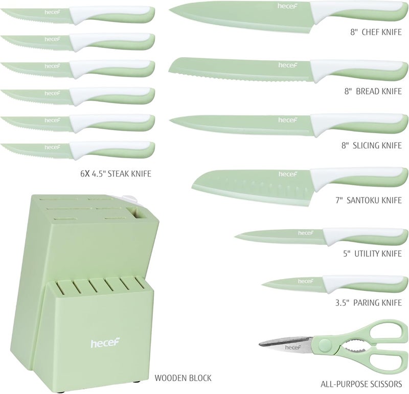 hecef 15 Pieces Kitchen Knife Set with Built-in Sharpening Wooden Block, Dishwasher Safe, High Carbon Stainless Steel Knife Block Set with Steak Knives, Kitchen Scissors, Green - Image 2