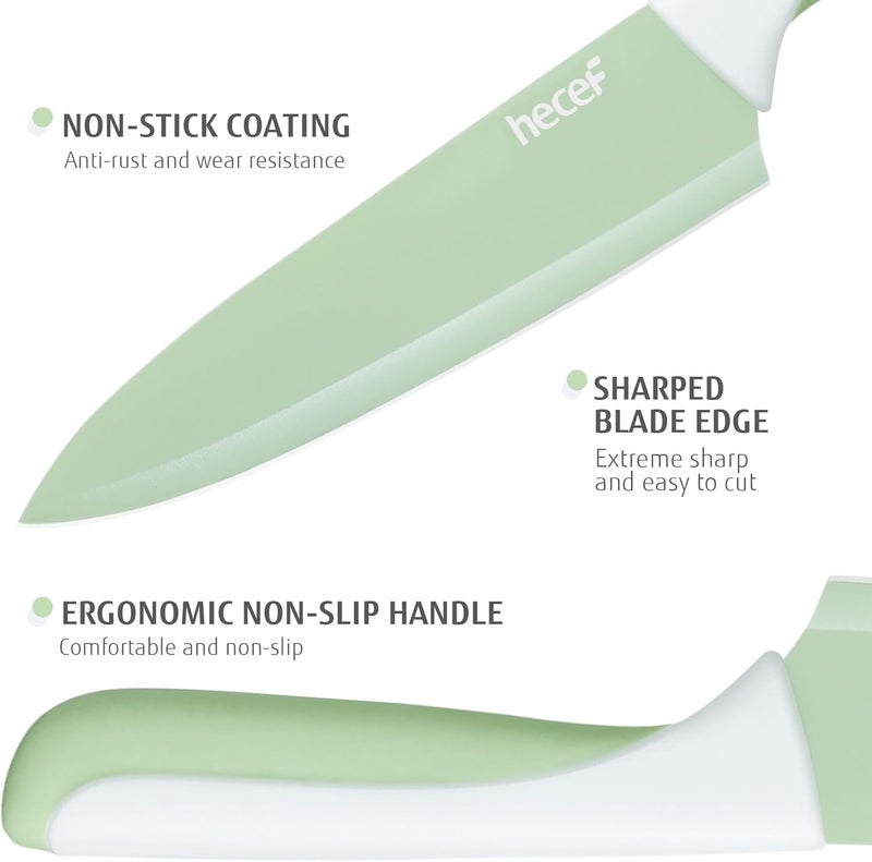 hecef 15 Pieces Kitchen Knife Set with Built-in Sharpening Wooden Block, Dishwasher Safe, High Carbon Stainless Steel Knife Block Set with Steak Knives, Kitchen Scissors, Green - Image 4