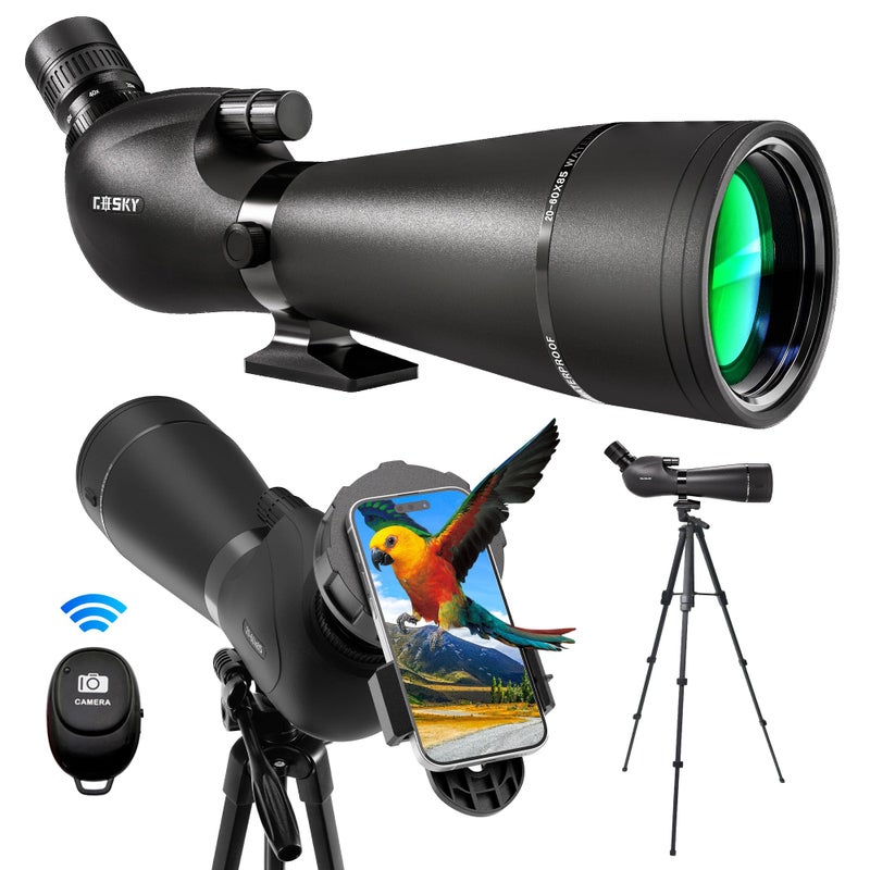 Gosky 2060x85 Spotting Scope with Full Size TripodPhone AdapterBluetooth Camera RemoteWaterproof Spotter scopes for Target ShootingBird WatchingTravelHiking