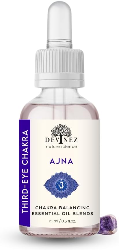 Devinez زيت أساسي مزيج شاكرا العين الثالثة (أجنا) - 15 مل / 0.50 أونصة سائلة - مزيج موزع مع حجر الجمشت - زيت علاجي لتوازن الشاكرات، التأمل، اليوغا، الريكي والشفاء