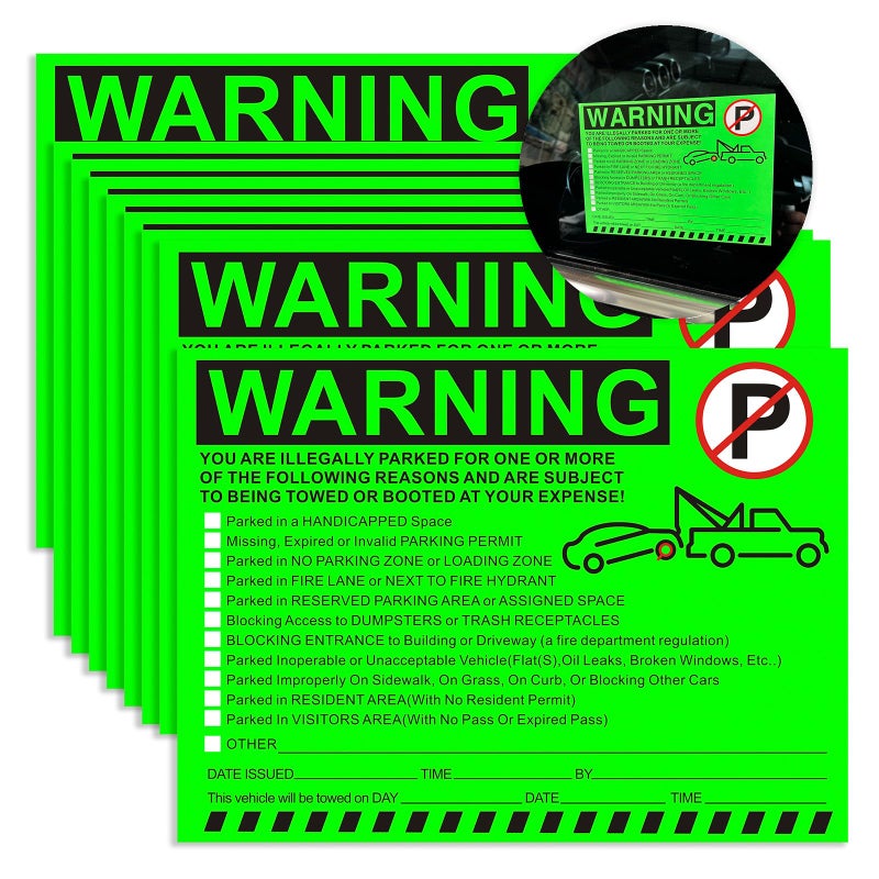 KIUKIUO Illegal Parking Warning Stickers - Vibrant Green Parking Violation Notices - Stick-it-and-Forget-it Adhesive - 50 pcs Private Parking Violation Decals for Car Windows - Size 5.5X7.5 inch. - Image 1