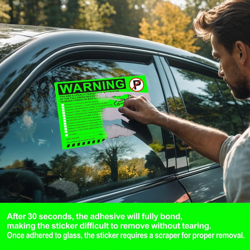 KIUKIUO Illegal Parking Warning Stickers - Vibrant Green Parking Violation Notices - Stick-it-and-Forget-it Adhesive - 50 pcs Private Parking Violation Decals for Car Windows - Size 5.5X7.5 inch. - Image 2