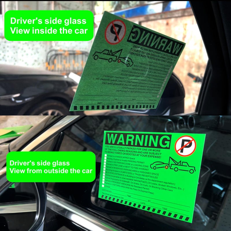 KIUKIUO Illegal Parking Warning Stickers - Vibrant Green Parking Violation Notices - Stick-it-and-Forget-it Adhesive - 50 pcs Private Parking Violation Decals for Car Windows - Size 5.5X7.5 inch. - Image 5