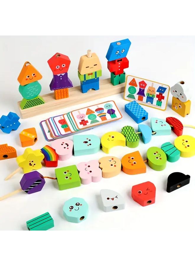 Expression Set With String Hole Wooden Bead Blocks 40pcs 30 Cards Educational Toy For Kids 3 Years Old - Image 1