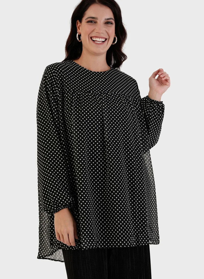 Alia by modanisa Crew Neck Polka Dot Tunic