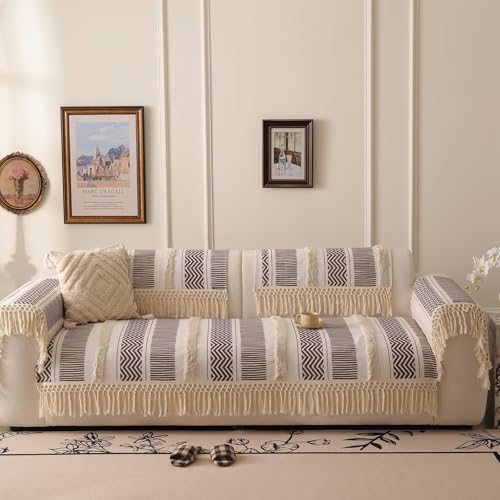VC Life VClife Boho Couch Cover Cotton Linen Tufted Sofa Cover with Tassel, Dog Couch Cover for 3 Cushion Couch Sofa Non Slip Sofa Cover for Living Room, 35.4x82.7 inch - Image 4