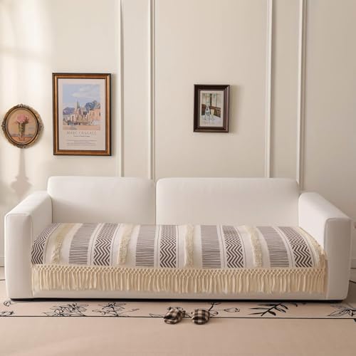 VC Life VClife Boho Couch Cover Cotton Linen Tufted Sofa Cover with Tassel, Dog Couch Cover for 3 Cushion Couch Sofa Non Slip Sofa Cover for Living Room, 35.4x82.7 inch - Image 1