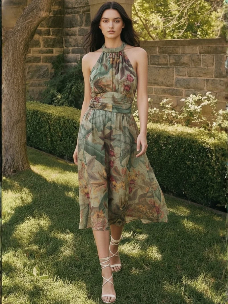 OUTZIDR Green Printed  halter-neck maxi dress