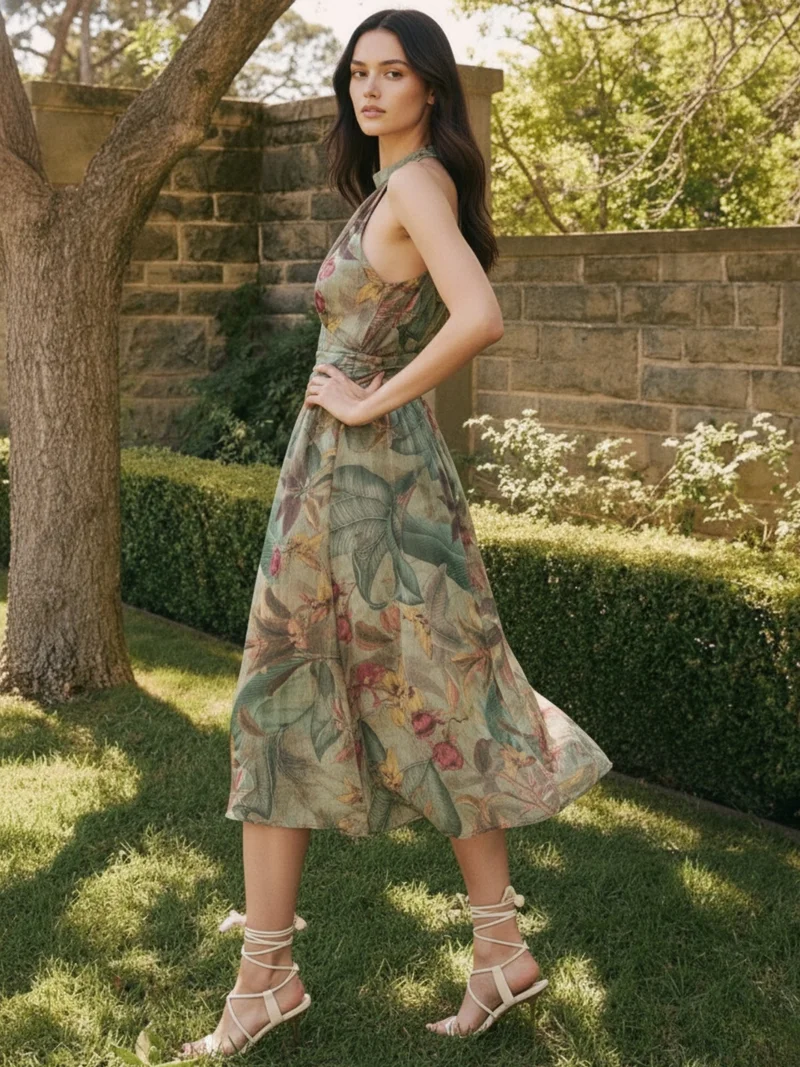 Outzidr  Green Printed  halter-neck maxi dress for Women | Best Price UAE