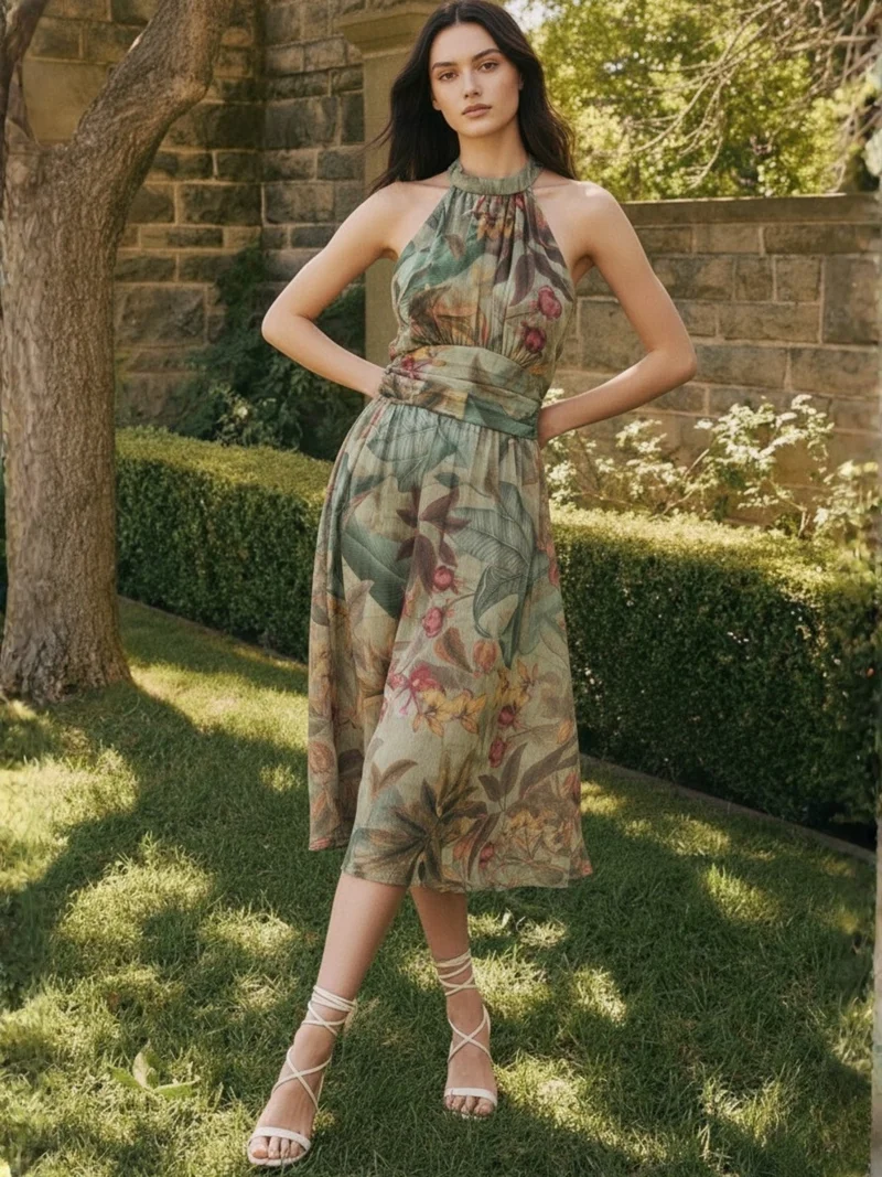 OUTZIDR Green Printed  halter-neck maxi dress