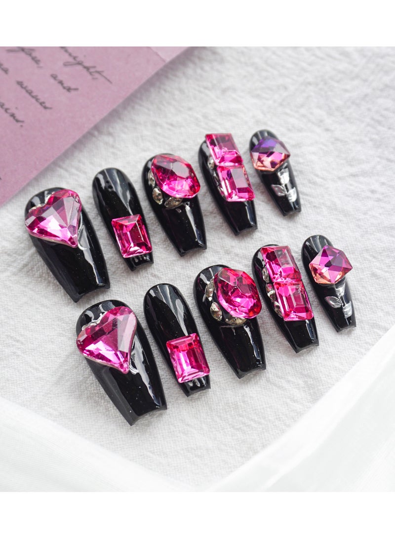 Artist Design/3D Black Pink (Handmade)/Press On nails/Luxury Hand Painted/Long Coffin/10 PCS/M Size - Image 1